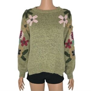 Women's Knitted Sweater Top with Puffed Sleeves and Plain Floral Print,  Size M